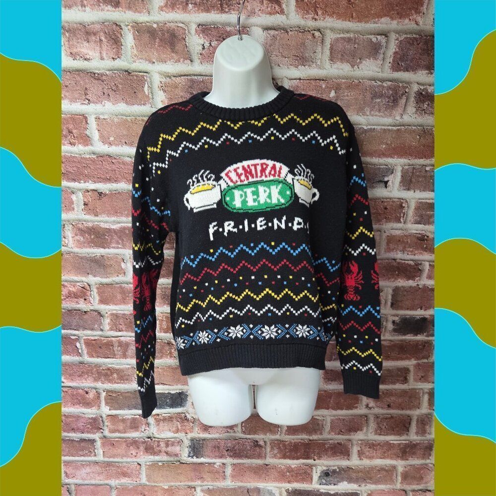 Friends Central Perk Sweater M | Vintage Black Pullover Ugly Knit 90s Sitcom